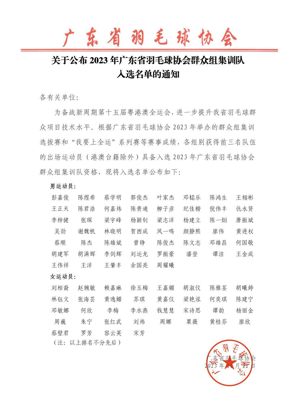 关于公布2023年广东省羽毛球协会群众组集训队入选名单20231122_01